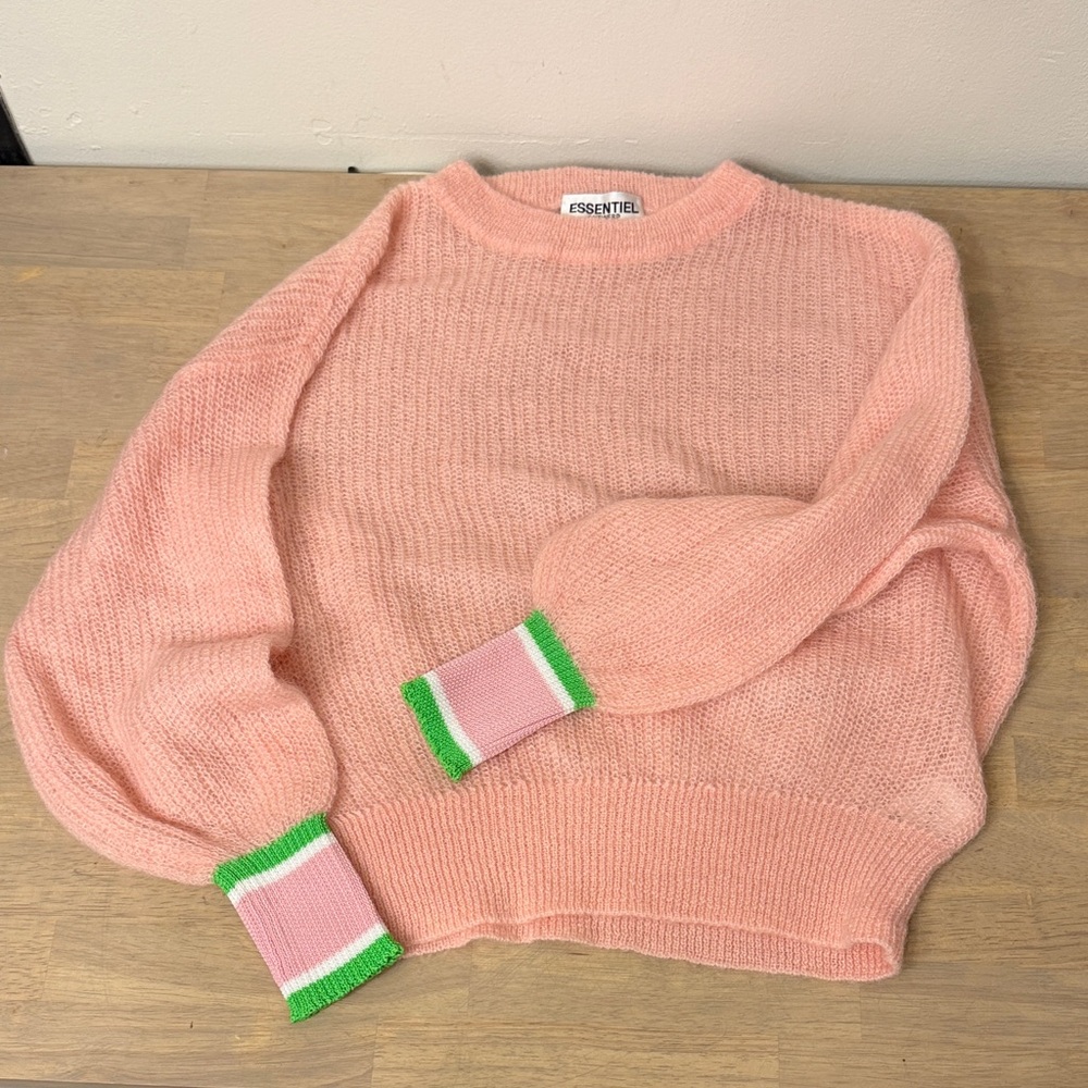 NWOT Essentiel Antwerp Blush Pink Sweater with Lime Trim